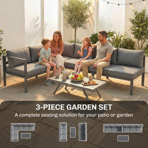 3 Pieces Garden Furniture Set, Aluminium Corner Lounge Set with Adjustable Backrest and Coffee Table, Outdoor Conversation Furniture with Cushions, Dark Grey
