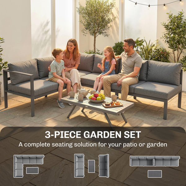 3 Pieces Garden Furniture Set, Aluminium Corner Lounge Set with Adjustable Backrest and Coffee Table, Outdoor Conversation Furniture with Cushions, Dark Grey