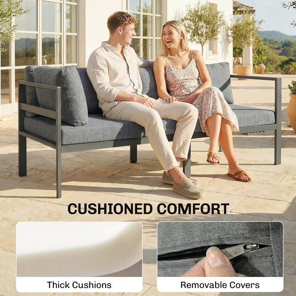 3 Pieces Garden Furniture Set, Aluminium Corner Lounge Set with Adjustable Backrest and Coffee Table, Outdoor Conversation Furniture with Cushions, Dark Grey