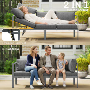 3 Pieces Garden Furniture Set, Aluminium Corner Lounge Set with Adjustable Backrest and Coffee Table, Outdoor Conversation Furniture with Cushions, Dark Grey