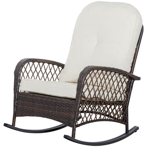 Outsunny Outdoor Wicker Rocking Chair with Wide Seat, Thickened Cushion, Rattan Rocker with Steel Frame for Patio, Garden, Backyard, Cream White