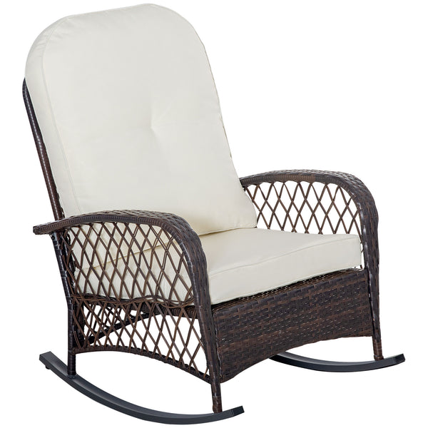 Outsunny Outdoor Wicker Rocking Chair with Wide Seat, Thickened Cushion, Rattan Rocker with Steel Frame for Patio, Garden, Backyard, Cream White