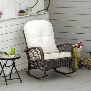 Outsunny Outdoor Wicker Rocking Chair with Wide Seat, Thickened Cushion, Rattan Rocker with Steel Frame for Patio, Garden, Backyard, Cream White