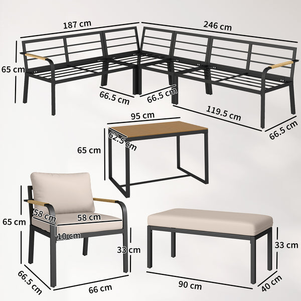 7 Seater Garden Furniture Set with 2 Loveseats, Armchair, 2 Armless Chairs, Footstool, Faux Wood Table, Metal Garden Sofa Set with Cushions, Outdoor Furniture Conversation Sets, Khaki