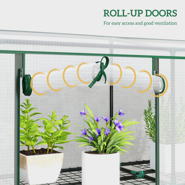 Lean-to Mini Greenhouse 84.6" x 18.1" x 56.7" with 3 Tier Shelves, Portable Garden Hot House with 3 Roll-Up Doors, PE Cover Plant Grow House for Indoor & Outdoor, White