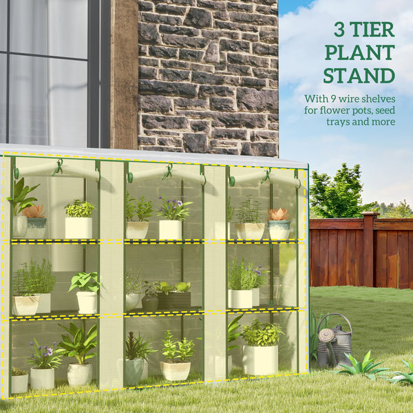 Lean-to Mini Greenhouse 84.6" x 18.1" x 56.7" with 3 Tier Shelves, Portable Garden Hot House with 3 Roll-Up Doors, PE Cover Plant Grow House for Indoor & Outdoor, White
