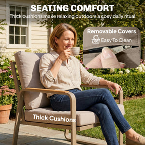 4 Piece Patio Furniture Set, Outdoor Conversation Set with Loveseat, 2 Armchairs, Coffee Table and Cushions, Garden Furniture with Metal Frame for Poolside Porch, Brown