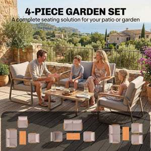 4 Piece Patio Furniture Set, Outdoor Conversation Set with Loveseat, 2 Armchairs, Coffee Table and Cushions, Garden Furniture with Metal Frame for Poolside Porch, Brown