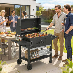 Charcoal BBQ Grill Smoker with Electric Rotisserie Kit, Portable Barbecue Grill with Warming Rack, Foldable Side Tables, Spice Rack, Hooks, Thermometer, Wheels for Outdoor Cooking, Black