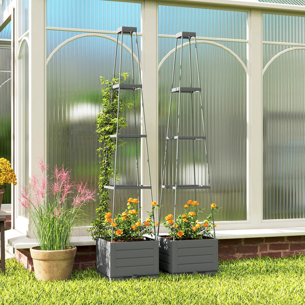 2 Pack Raised Garden Bed with Trellis, Plastic Outdoor Planter Box with Removable Drainage Tray, Tomato Cage for Climbing Plants, Vegetables, Flowers, 28 x 28 x 140 cm