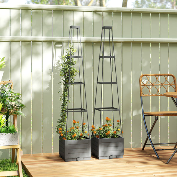 2 Pack Raised Garden Bed with Trellis, Plastic Outdoor Planter Box with Removable Drainage Tray, Tomato Cage for Climbing Plants, Vegetables, Flowers, 28 x 28 x 140 cm