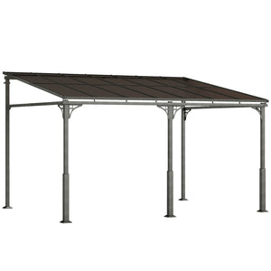 4 x 3 m Metal Lean-to Pergola, Wall-Mounted Garden Pergola with Polycarbonate Roof and Metal-Aluminium Frame, Heavy Duty Hardtop Gazebo for Outdoor Patios, BBQ, Brown