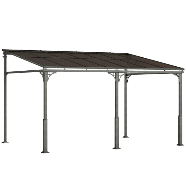 4 x 3 m Metal Lean-to Pergola, Wall-Mounted Garden Pergola with Polycarbonate Roof and Metal-Aluminium Frame, Heavy Duty Hardtop Gazebo for Outdoor Patios, BBQ, Brown