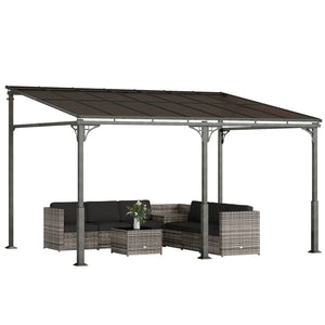 13' x 10' Lean to Gazebo, Hardtop Wall Mounted Outdoor Pergola with Polycarbonate Roof and Metal-Aluminium Frame, Heavy Duty Metal Pergola for Patio Deck Backyard, Brown