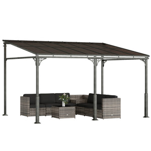 4 x 3 m Metal Lean-to Pergola, Wall-Mounted Garden Pergola with Polycarbonate Roof and Metal-Aluminium Frame, Heavy Duty Hardtop Gazebo for Outdoor Patios, BBQ, Brown