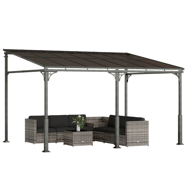 4 x 3 m Metal Lean-to Pergola, Wall-Mounted Garden Pergola with Polycarbonate Roof and Metal-Aluminium Frame, Heavy Duty Hardtop Gazebo for Outdoor Patios, BBQ, Brown