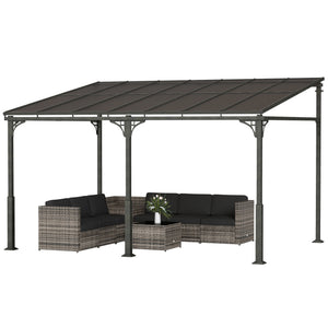 13' x 10' Lean to Gazebo, Hardtop Wall Mounted Outdoor Pergola with Polycarbonate Roof and Metal-Aluminium Frame, Heavy Duty Metal Pergola for Patio Deck Backyard, Brown