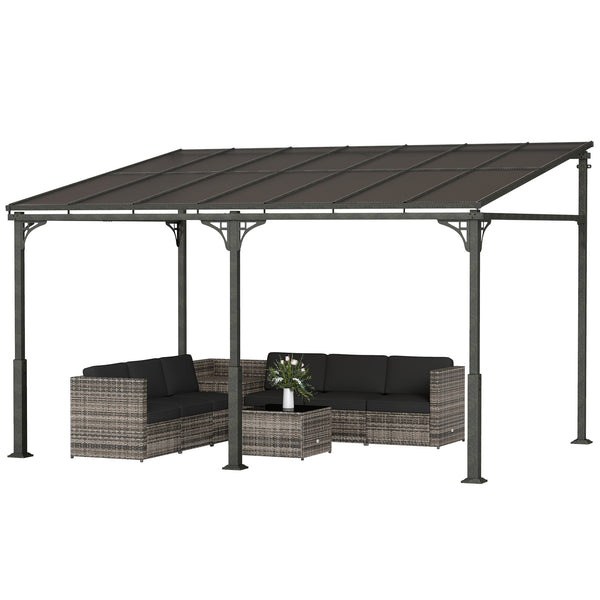 4 x 3 m Metal Lean-to Pergola, Wall-Mounted Garden Pergola with Polycarbonate Roof and Metal-Aluminium Frame, Heavy Duty Hardtop Gazebo for Outdoor Patios, BBQ, Brown