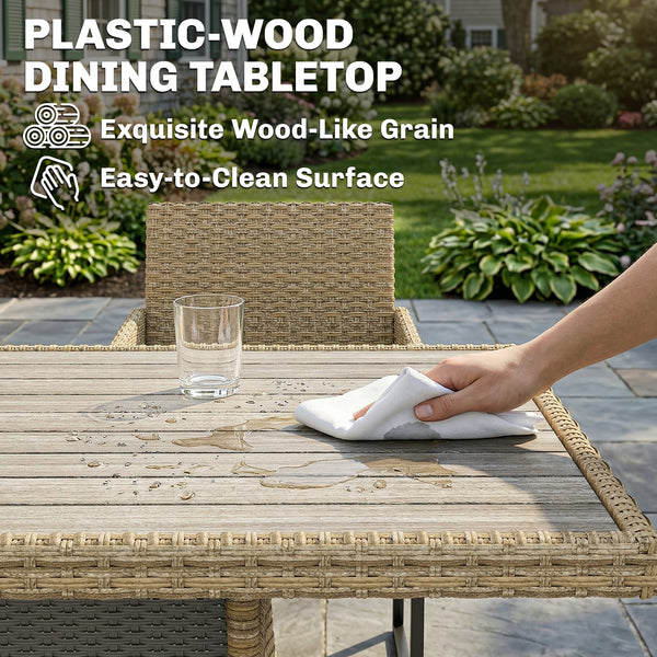 7 Piece Rattan Garden Furniture Set, Garden Dining Set with Wood-Plastic Table and 6 Stackable Chairs, Rattan Table and Chairs with 6 Cushions for Patio Terrace, Dark Grey