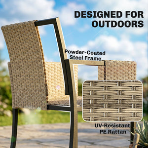 7 Piece Rattan Garden Furniture Set, Garden Dining Set with Wood-Plastic Table and 6 Stackable Chairs, Rattan Table and Chairs with 6 Cushions for Patio Terrace, Dark Grey