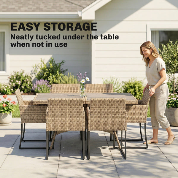 7 Piece Rattan Garden Furniture Set, Garden Dining Set with Wood-Plastic Table and 6 Stackable Chairs, Rattan Table and Chairs with 6 Cushions for Patio Terrace, Dark Grey