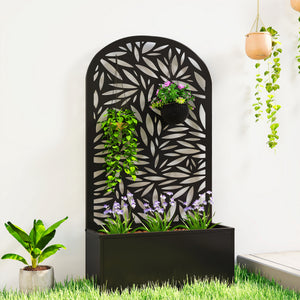 Metal Raised Garden Bed with Trellis for Climbing Plants, Freestanding or Wall Mounted Flower Bed with Cueved Privacy Panel, Leaves Cut-Out Outdoor Planter Box for Garden, Patio, Balcony