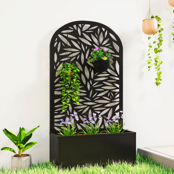 Metal Raised Garden Bed with Trellis for Climbing Plants, Freestanding or Wall Mounted Flower Bed with Cueved Privacy Panel, Leaves Cut-Out Outdoor Planter Box for Garden, Patio, Balcony