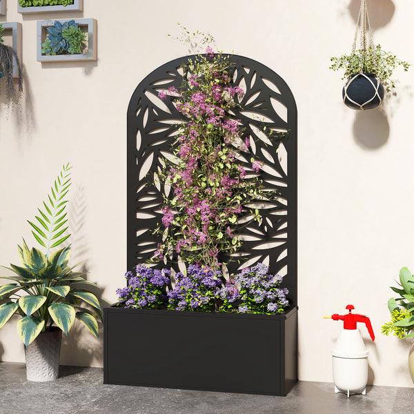 Metal Raised Garden Bed with Trellis for Climbing Plants, Freestanding or Wall Mounted Flower Bed with Cueved Privacy Panel, Leaves Cut-Out Outdoor Planter Box for Garden, Patio, Balcony