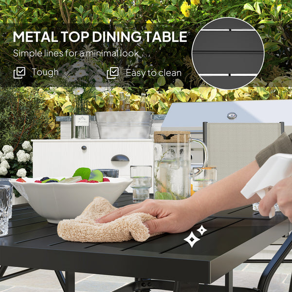 7 Pieces Garden Dining Set, 6 Seater Garden Furniture Set with Parasol Hole, Outdoor Dining Set with High Back Folding Chairs and Square Metal Top Table for Outdoor Patio, Khaki