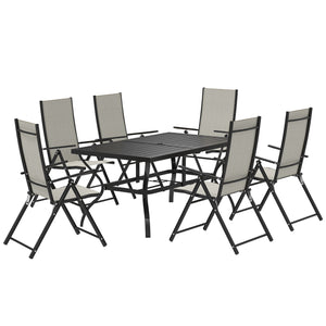 7 Pieces Garden Dining Set, 6 Seater Garden Furniture Set with Parasol Hole, Outdoor Dining Set with High Back Folding Chairs and Square Metal Top Table for Outdoor Patio, Khaki