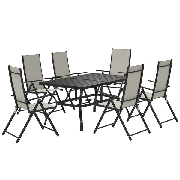 7 Pieces Garden Dining Set, 6 Seater Garden Furniture Set with Parasol Hole, Outdoor Dining Set with High Back Folding Chairs and Square Metal Top Table for Outdoor Patio, Khaki