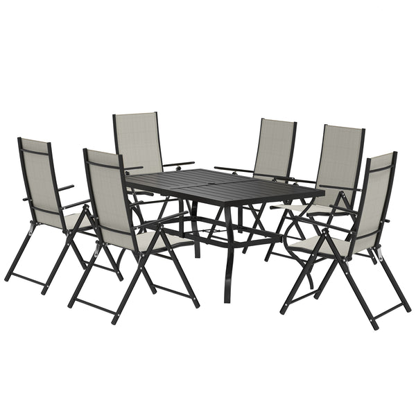 7 Pieces Garden Dining Set, 6 Seater Garden Furniture Set with Parasol Hole, Outdoor Dining Set with High Back Folding Chairs and Square Metal Top Table for Outdoor Patio, Khaki