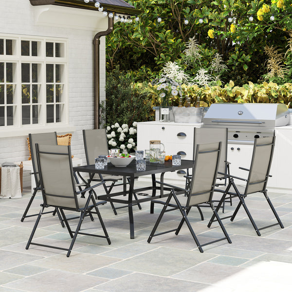 7 Pieces Garden Dining Set, 6 Seater Garden Furniture Set with Parasol Hole, Outdoor Dining Set with High Back Folding Chairs and Square Metal Top Table for Outdoor Patio, Khaki