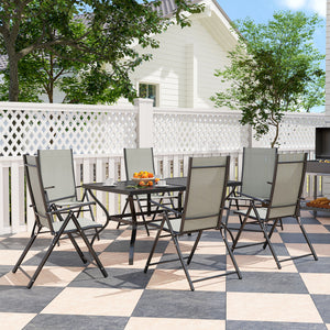 7 Pieces Garden Dining Set, 6 Seater Garden Furniture Set with Parasol Hole, Outdoor Dining Set with High Back Folding Chairs and Square Metal Top Table for Outdoor Patio, Khaki