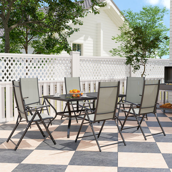 7 Pieces Garden Dining Set, 6 Seater Garden Furniture Set with Parasol Hole, Outdoor Dining Set with High Back Folding Chairs and Square Metal Top Table for Outdoor Patio, Khaki