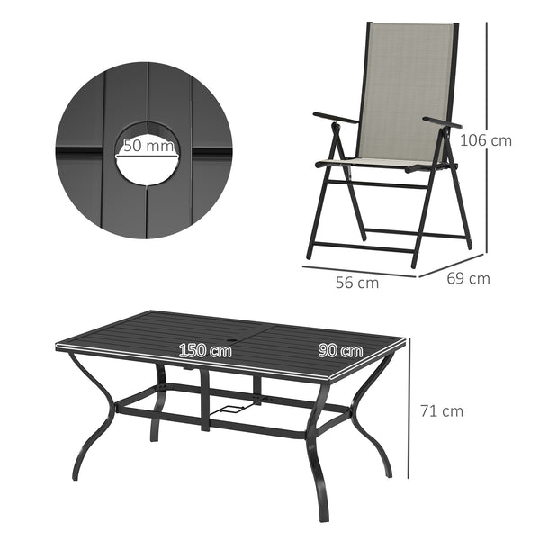 7 Pieces Garden Dining Set, 6 Seater Garden Furniture Set with Parasol Hole, Outdoor Dining Set with High Back Folding Chairs and Square Metal Top Table for Outdoor Patio, Khaki