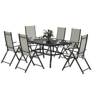 7 Pieces Garden Dining Set, 6 Seater Garden Furniture Set with Parasol Hole, Outdoor Dining Set with High Back Folding Chairs and Square Metal Top Table for Outdoor Patio, Khaki