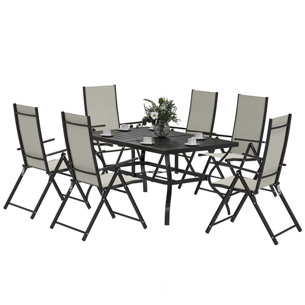 7 Pieces Garden Dining Set, 6 Seater Garden Furniture Set with Parasol Hole, Outdoor Dining Set with High Back Folding Chairs and Square Metal Top Table for Outdoor Patio, Khaki