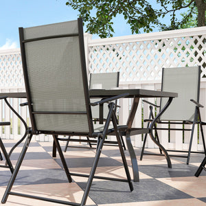 7 Pieces Garden Dining Set, 6 Seater Garden Furniture Set with Parasol Hole, Outdoor Dining Set with High Back Folding Chairs and Square Metal Top Table for Outdoor Patio, Khaki