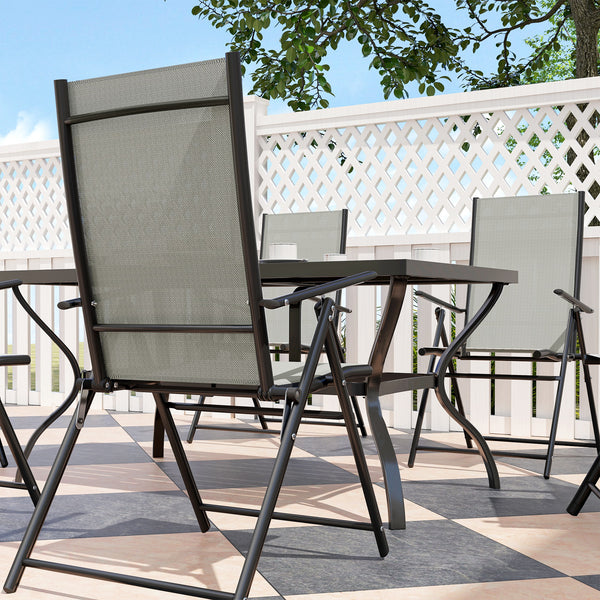 7 Pieces Garden Dining Set, 6 Seater Garden Furniture Set with Parasol Hole, Outdoor Dining Set with High Back Folding Chairs and Square Metal Top Table for Outdoor Patio, Khaki