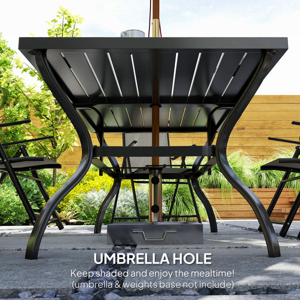 7 Pieces Garden Dining Set, 6 Seater Garden Furniture Set with Parasol Hole, Outdoor Dining Set with High Back Folding Chairs and Square Metal Top Table for Outdoor Patio, Khaki