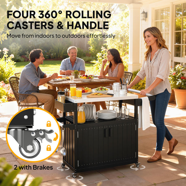 Outdoor Bar Cart with Storage Cabinet, Stainless Steel Top Kitchen Island on Wheels, HDPE Outdoor Bar Table, Movable Patio Beverage Food Prep Table for BBQ Picnic, Black