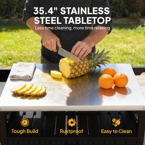 Outdoor Bar Cart with Storage Cabinet, Stainless Steel Top Kitchen Island on Wheels, HDPE Outdoor Bar Table, Movable Patio Beverage Food Prep Table for BBQ Picnic, Black