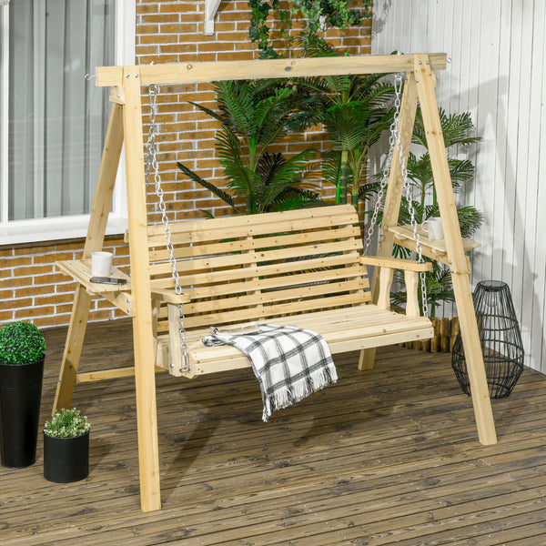 2-Seat orch Swing with Stand, Wooden Patio Swing Chair with Side Tables and Metal Chains, Outdoor Hanging Bench for Garden, Poolside, Backyard, Natural Wood