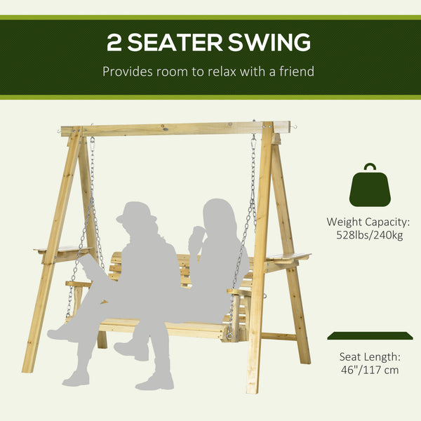 2-Seat orch Swing with Stand, Wooden Patio Swing Chair with Side Tables and Metal Chains, Outdoor Hanging Bench for Garden, Poolside, Backyard, Natural Wood