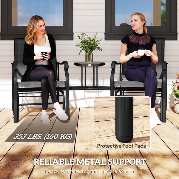 Double Patio Glider Chair with Glass Top Center Table, Outdoor Glider Loveseat with High Back,  All Weather Breathable Mesh Fabric for Garden, Backyard, Deck, Black