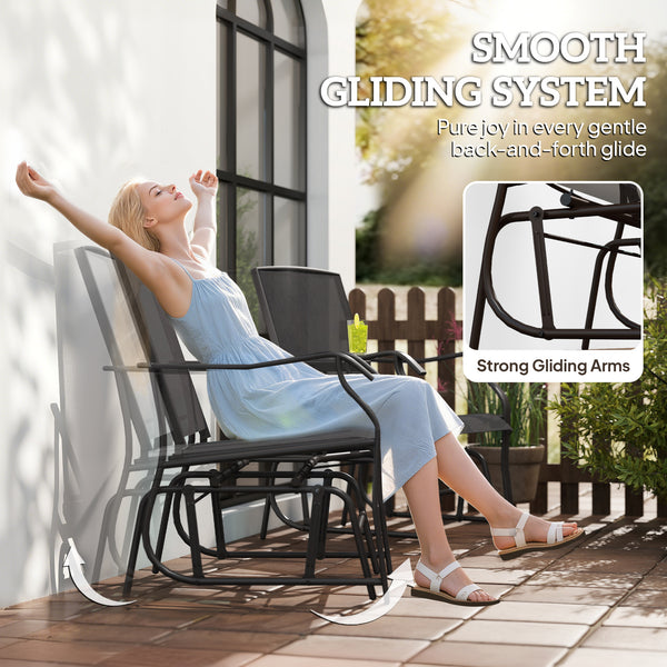 Double Patio Glider Chair with Glass Top Center Table, Outdoor Glider Loveseat with High Back,  All Weather Breathable Mesh Fabric for Garden, Backyard, Deck, Black