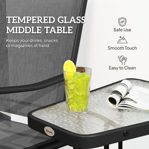 Double Patio Glider Chair with Glass Top Center Table, Outdoor Glider Loveseat with High Back,  All Weather Breathable Mesh Fabric for Garden, Backyard, Deck, Black