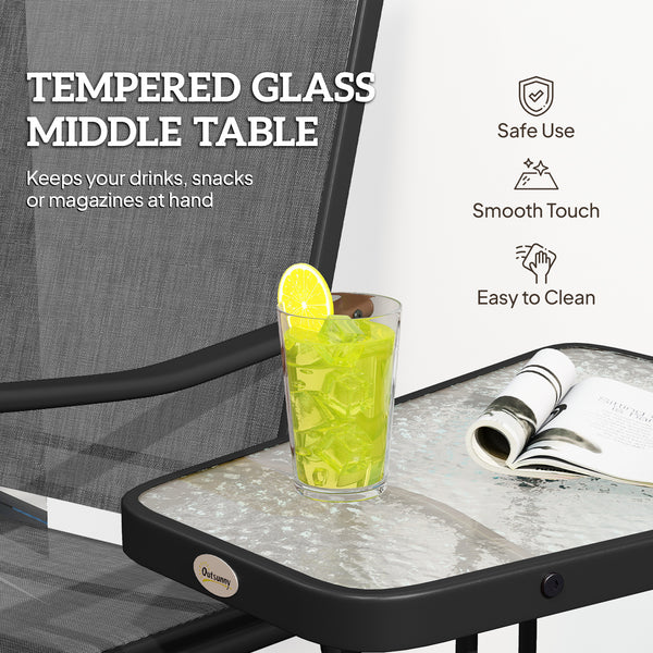 Double Patio Glider Chair with Glass Top Center Table, Outdoor Glider Loveseat with High Back,  All Weather Breathable Mesh Fabric for Garden, Backyard, Deck, Black