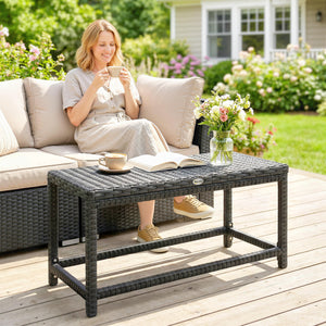 Outdoor Coffee Table, Garden PE Rattan Side Table with Plastic Board Under the Full Woven Table Top and Rectangular Frame for Patio, Balcony, Black
